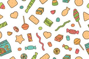 Seamless pattern with colorful candies, cookies and sweets on a white background. Texture for banners, wallpaper, textile, wrapping paper, confectionery or children's party. . vector