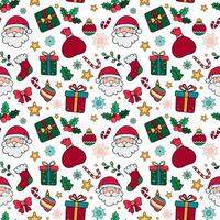 Festive Christmas Pattern with Santa Head, Gifts and Decorative elements. Hand draw Christmas Seamless pattern for fabric, wrapping paper, textile, greeting cards. vector