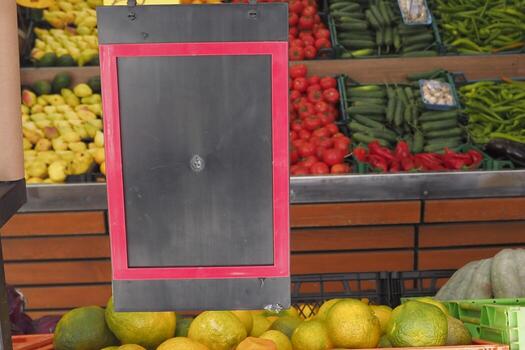 A Fresh Produce Display in a Grocery Store Featuring an Empty Sign with Various Options photo