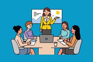 Woman delivers a business presentation to an engaged audience of professionals in a conference setting flat illustration vector