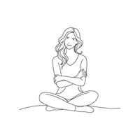 young woman sits on the floor with her arms crossed, displaying a thoughtful expression and a relaxed posture doodle line art flat illustration vector
