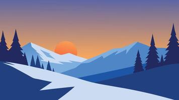snowy landscape featuring trees under a bright sun, creating a tranquil winter scene flat illustration vector