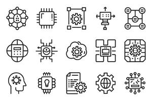 Machine learning, digital AI technology, algorithm related editable icon set isolated flat illustration white background. vector