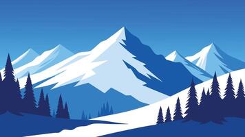 Snow covered trees stand majestically in the mountains under a clear blue sky, creating a serene winter landscape flat illustration. vector