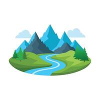 Featuring mountains and a wide river, this fantasy valley is like something out of a fairytale isolated flat illustration white background vector