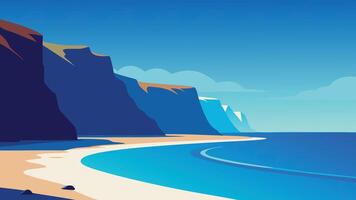 beach featuring clear blue water with majestic cliffs rising in the background flat illustration vector