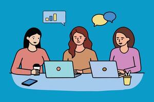 Three businesswomen collaborating at a table, each focused on their laptops, engaged in a productive discussion flat illustration vector