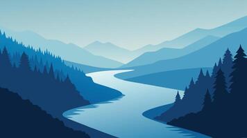 River shrouded in fog, bordered by lush trees along the tranquil shoreline flat illustration. vector