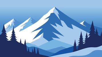 Snow covered trees stand majestically in the serene mountains, creating a picturesque winter landscape flat illustration vector