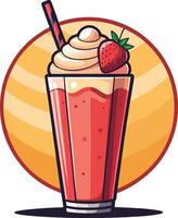 Colorful strawberry milkshake with whipped cream, topped with a fresh strawberry and served with a striped straw, perfect for summer enjoyment vector