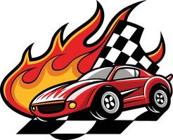 A racing car with flames and a checkered flag is featured in a dynamic and colorful illustration, symbolizing speed and competition vector