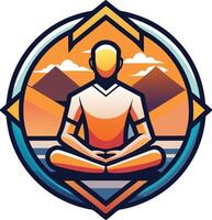 Meditation logo design featuring a serene figure in a tranquil setting with mountains, perfect for wellness and mindfulness themes vector