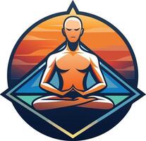 A serene meditation logo featuring a figure in lotus pose against a tranquil sunset backdrop with vibrant colors reflecting inner peace vector