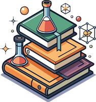 A collection of colorful science schoolbooks with laboratory flasks resting atop them in a vibrant and educational setting vector