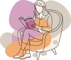 A woman enjoys reading a book while sitting comfortably in an armchair in a cozy interior setting during the afternoon vector