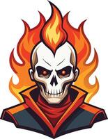 A flaming skull character with fiery hair and intense eyes in a stylized design evokes a sense of danger and mystery vector