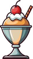 Delicious ice cream sundae with a cherry on top served in a silver dish against a light beige background vector