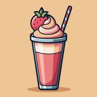A delicious strawberry milkshake with creamy toppings and a straw served in a clear glass, perfect for a summer day vector