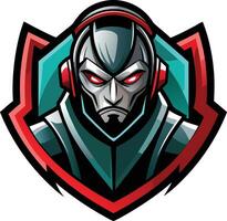 A dynamic gaming team logo featuring a fierce, armored character with glowing eyes and headphones, showcasing a modern design vector