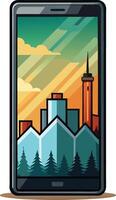 A mobile phone with a vibrant cityscape display featuring mountains, trees, and a tower against a colorful sunset background vector