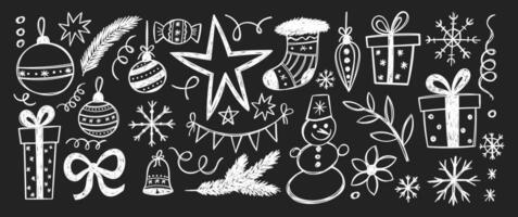 Set of Christmas doodles of star, present box, snowman, snowflake with chalk texture. Hand drawn white illustration on a blackboard. vector
