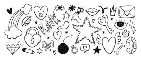 Set of punk and rock elements for girl in hand drawn style with pencil texture. Cartoon illustration with heart, lock, eye and bomb. vector