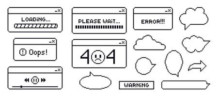 Retro browser computer window in 90s style. Message boxes and popup user interface elements. black and white illustration. vector