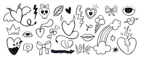 Set of punk and rock elements for girl in hand drawn style with pencil texture. Cartoon illustration with heart, ice cream, eye and lightning. vector