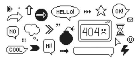 Set of pixel art elements in 90s style. Message boxes and popup user interface elements. Black and white illustration. vector