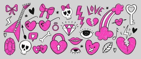 Set of punk and rock elements for girl in hand drawn style with pencil texture. Cartoon illustration with heart, music, eye and lightning. vector