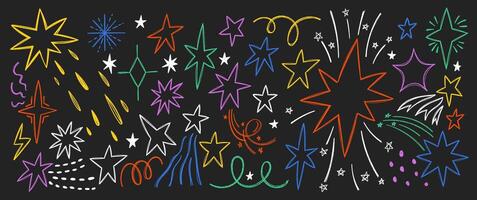 Doodle set of star glitter shine with blink, spark and twinkle. Hand drawn illustration. vector