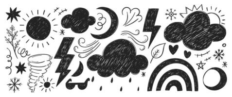 Collection of weather symbols with crayon, chalk and pencil texture. illustration of rain, hurricane, sun, star, lightning on a white background. vector