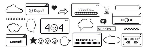 Retro browser computer window in 90s style. Message boxes and popup user interface elements. black and white illustration. vector