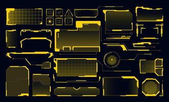 Futuristic tech HUD interface elements. Digital control panels, cyber UI frames, digital buttons, callout bar, Sci Fi screens with grid patterns and dashboard message window frame set vector