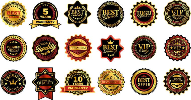 Retro premium badges. High quality sticker, VIP member icon, golden warranty badge and premium quality decorative labels. Best choice, seller and offer tags set