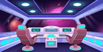 Spaceship cockpit interior. Futuristic space station control panels, pilot chairs and cosmic view of distant planets through cabin windows. Space exploration cartoon illustration vector
