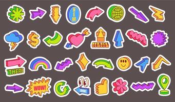 Retro 3D cartoon stickers. Comic arrows, look here and there pointers. Funny Y2K love heart, thunder cloud, rainbow, dollar sign, thumb up and abstract shape symbols. Playful extruded set vector