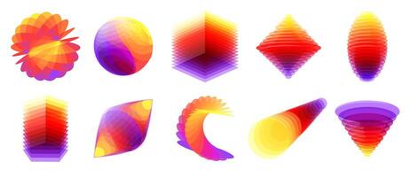 Overlapped 3D shapes. Layered color glass dynamic shape with colorful gradient overlay effect. Abstract translucent forms isolated illustration collection vector