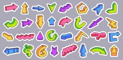 Retro graffiti 3D sticker arrows. Colorful directional symbols, curved, straight, zigzag and circular arrow shape pointers for next, loop, back, turn and twist directions isolated set vector