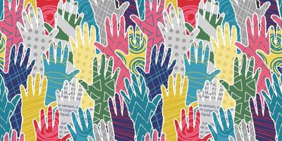 Hands crowd pattern. Diverse hand silhouettes collage, volunteers community helping hands scrapbooking paper cutouts with newspaper, polka dots and scribbles patterns seamless background vector