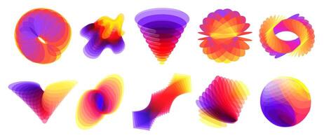 Overlapped abstract layered shapes. Colorful glass layers with gradient blending color overlay effect. Creative dynamic forms geometric design elements set vector