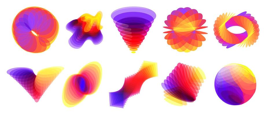 Overlapped abstract layered shapes. Colorful glass layers with gradient blending color overlay effect. Creative dynamic forms geometric design elements set