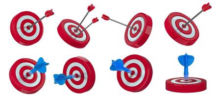 Target hit. Dartboard or bullseye targets with darts and arrows. Targeting goal and direct aim concept. Hitting the target 3D various angles illustration set vector