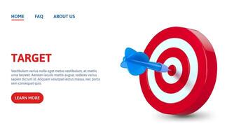 Dart arrow hit dartboard. Red and white bullseye target concept for goal achievement and focus in business strategy. Targeting banner template or landing page 3D illustration vector