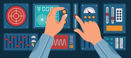 Control panel interface with hands. Adjusting settings of spaceship console with gauges, sliders and switches. Flight monitoring system with complex control mechanisms. Cartoon illustration vector