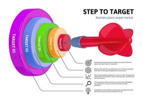 Target market strategy diagram. Dart hitting bullseye 3D business plan infographic with layered bullseye targets and marketing steps. Sales funnel or goal setting template illustration vector