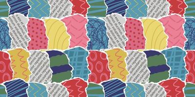 People crowd heads abstract art. Paper society silhouettes, humans collage with newspaper text scrapbooking cutouts, polka dots and scribbles patterns. Many people together seamless pattern vector