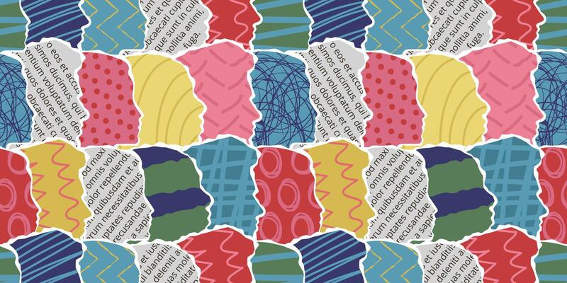 People crowd heads abstract art. Paper society silhouettes, humans collage with newspaper text scrapbooking cutouts, polka dots and scribbles patterns. Many people together seamless pattern