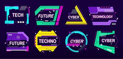Cyber banner frames. Futuristic tech label and sci fi text box templates with glitchy digital frame for techno or gaming styled design. Geometric future themed layouts set vector