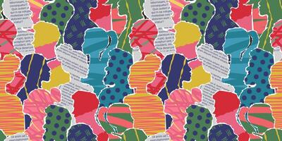 Crowd abstract art. Paper people silhouettes collage with newspaper text cutouts, polka dots and scribbles patterns. Social scrapbooking seamless pattern background illustration vector